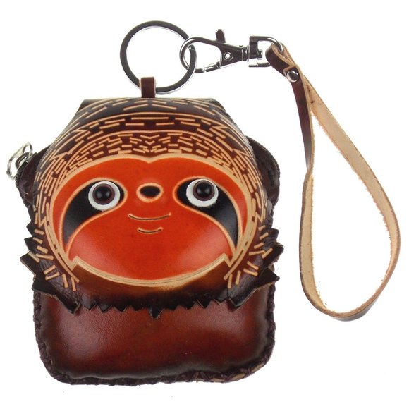 Sloth Brown Leather Coin Change Purse Wallet Wristlet Handtooled Gift 3D Art - Picture 1 of 5